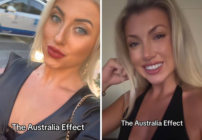 Mujer mostrando fotos del antes y después que ilustran el efecto Australia en cambios personales y apariencia.