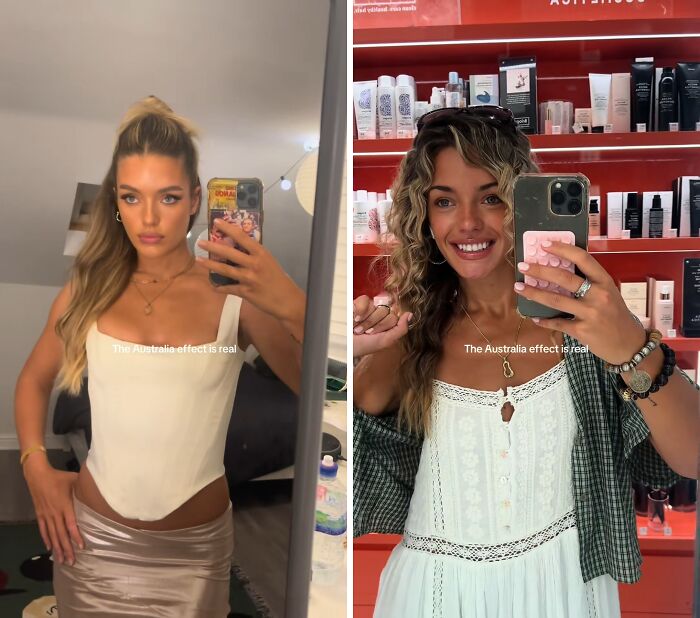 Mujer muestra cambio antes y después de mudarse a Australia, demostrando el efecto australiano en su apariencia.