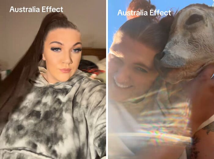 Mujer mostrando el efecto Australia en fotos antes y después de mudarse, destacando cambios visibles y el impacto positivo.