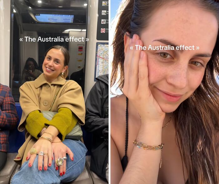 Mujer antes y después de mudarse a Australia mostrando el efecto australiano en su estilo y apariencia personal.