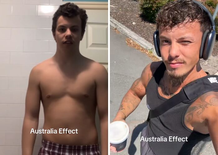 Hombre mostrando cambio físico antes y después de mudarse a Australia con efecto Australia visible en su apariencia.