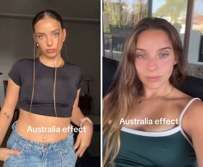 Mujer muestra cambio físico antes y después del efecto australiano tras mudarse a Australia en fotos comparativas.