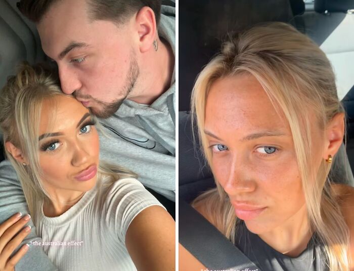 Pareja mostrando fotos de antes y después de mudarse a Australia demostrando el efecto australiano real y visible.