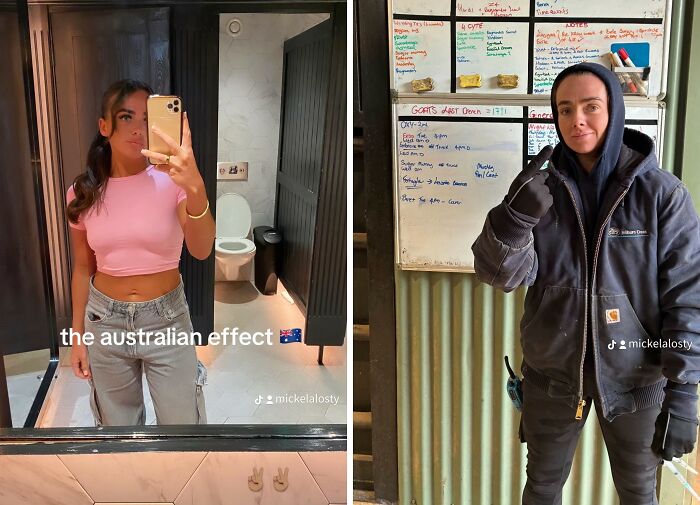 Antes y después de mudarse a Australia, mostrando el efecto australiano en estilo y apariencia personal.