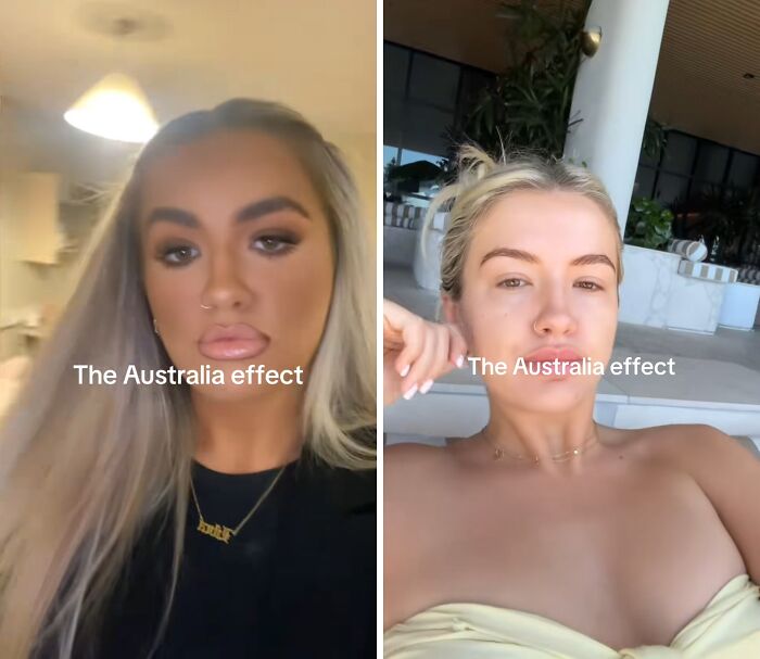 Mujer mostrando cambio antes y después de mudarse a Australia demostrando el efecto australiano en su apariencia.
