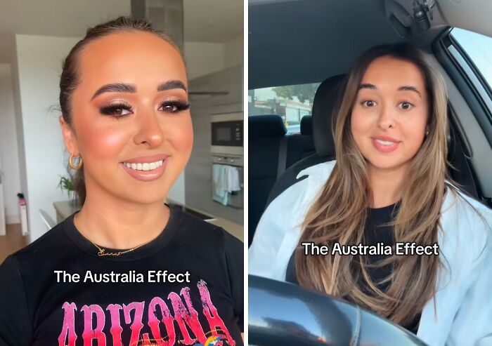 Mujer mostrando cambio antes y después de mudarse a Australia destacando el efecto australiano en su apariencia.