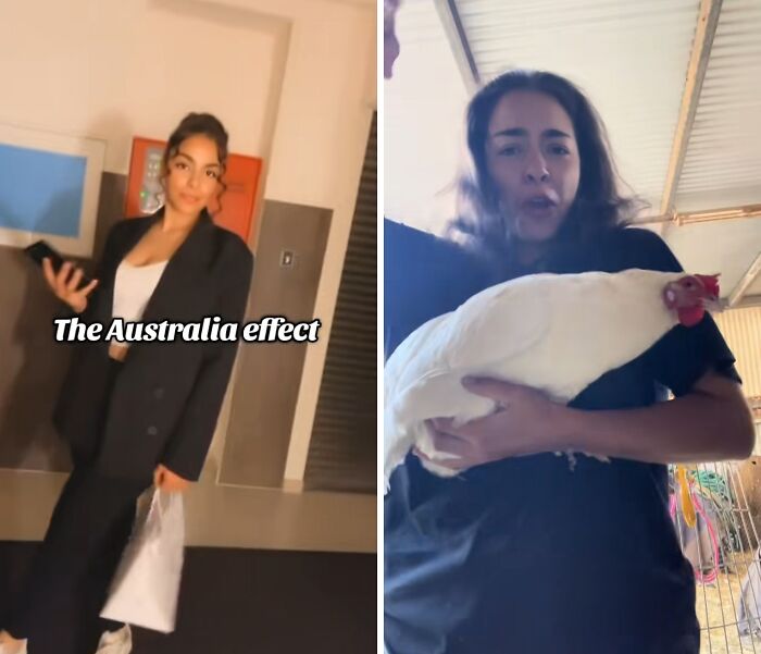 Mujer mostrando el efecto australiano antes y después de mudarse a Australia, con cambio notable en su vida diaria.