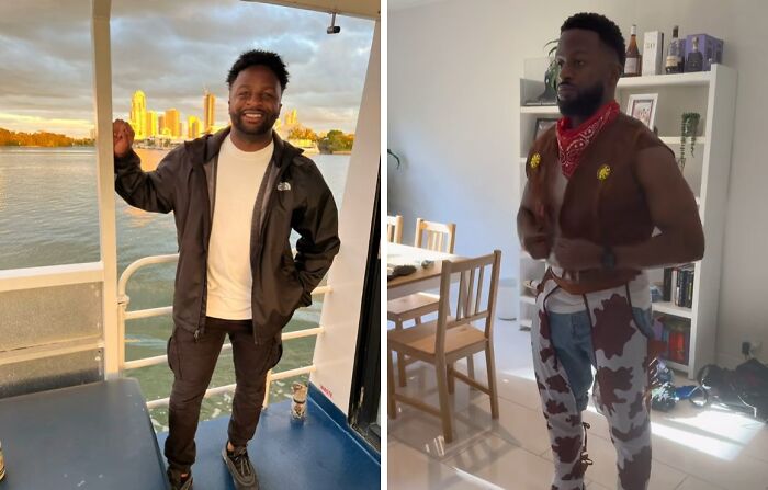 Hombre mostrando cambio físico antes y después de mudarse a Australia, demostrando el efecto australiano en su estilo y apariencia.