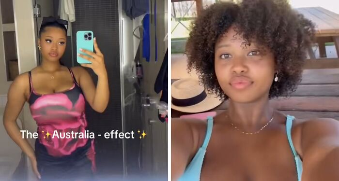 Mujer mostrando cambio antes y después de mudarse a Australia, demostrando el efecto australiano en su apariencia.