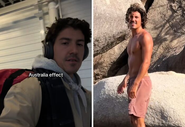 Hombre antes y después de mudarse a Australia mostrando el efecto Australia en su apariencia física y estilo de vida.