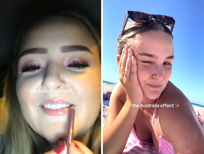 Mujer mostrando transformación de maquillaje a natural en la playa, ilustrando el efecto australiano antes y después.