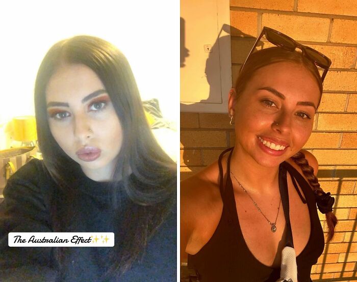 Mujer mostrando el efecto australiano con fotos antes y después de mudarse a Australia, destacando transformación visible.