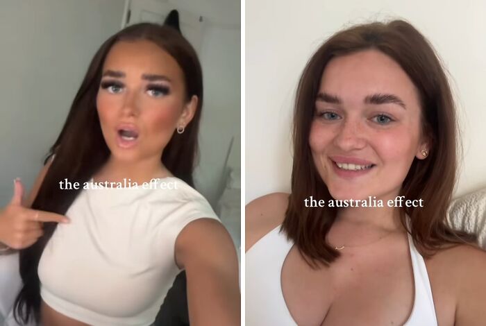 Mujer mostrando el antes y después del Australian effect con cambios visibles tras mudarse a Australia.