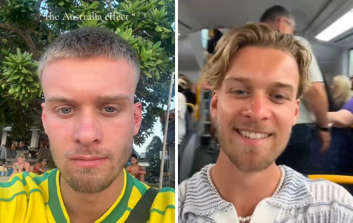 Hombre joven en fotos antes y después de mudarse a Australia mostrando el efecto australiano en su cambio de apariencia.