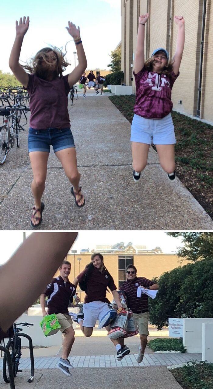 Personas saltando en la calle con cameos inesperados arruinando fotos de forma divertida y espontánea.