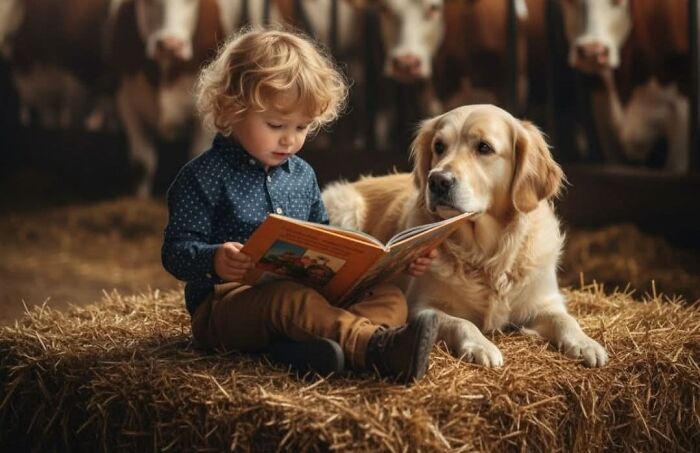 Niño pequeño leyendo un libro sentado en paja junto a perro golden retriever en granja, imagen que refleja un mundo extraño.