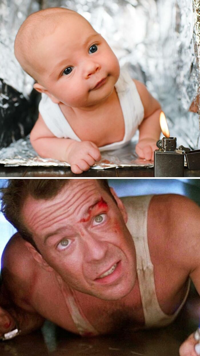 Bebé y hombre en escenas que muestran momentos divertidos cuando los hombres nunca dejaron de ser niños.