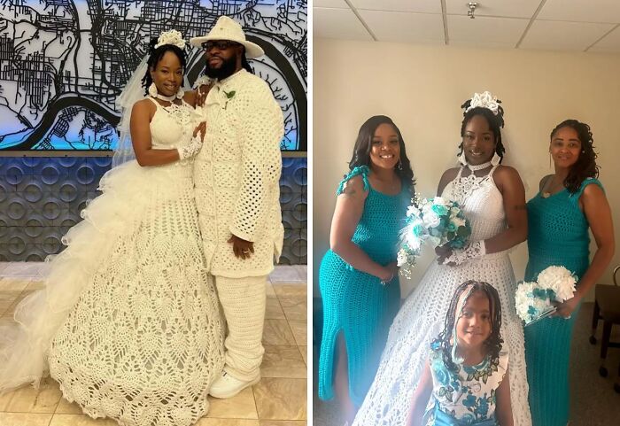 Novia con vestido de boda tejido a crochet junto a novio y damas, mostrando diseños únicos en vestidos de novia.