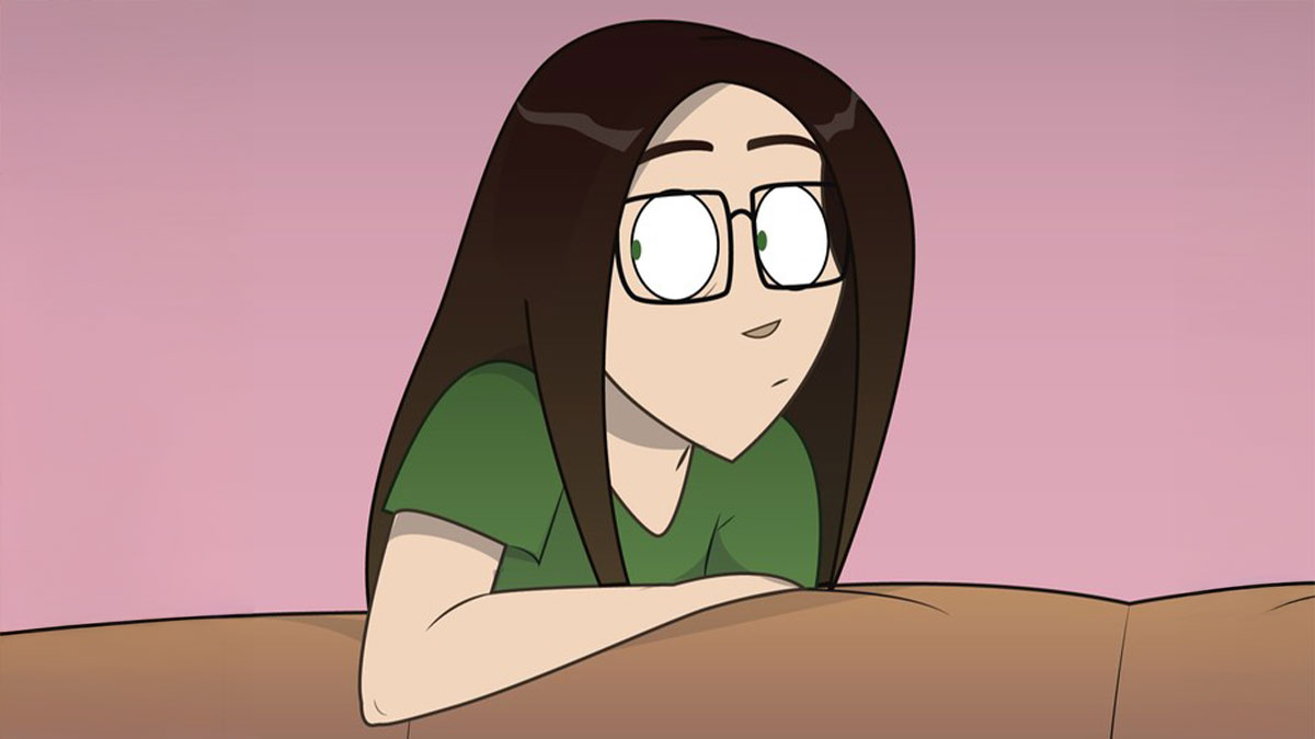 Personaje de cu00f3mic PizzaCake con gafas y camiseta verde, mostrando expresiu00f3n pensativa y fondo rosa liso.