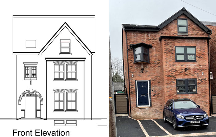 Dibujo arquitectónico junto a casa real con error de diseño en ventanas y puerta, ejemplo de fallos de arquitectos y diseñadores.