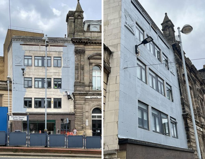 Edificio con fachada parcialmente pintada de gris que muestra errores de arquitectos y diseñadores en su trabajo.
