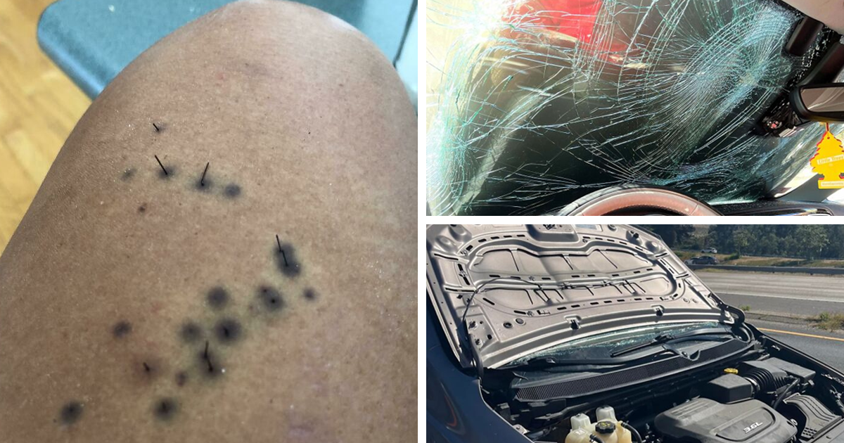 Rodilla con clavos enterrados y coche con parabrisas roto y capu00f3 abierto mostrando dau00f1os, ilustrando que puede empeorar.