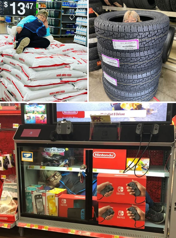 Mujer descansando en bolsas de alimento, neumáticos apilados y consola Nintendo Switch en tienda, fotos raras e impactantes.