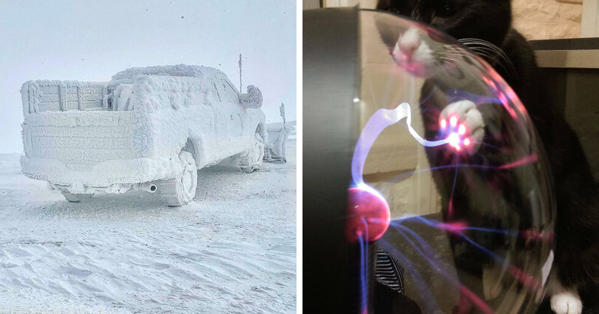 Camioneta cubierta de nieve en paisaje helado y gato curioso con esfera de plasma mostrando luces coloridas.