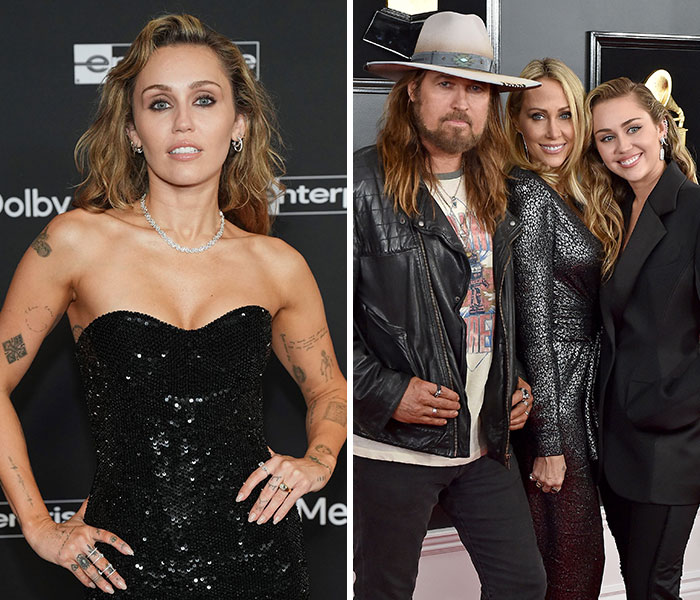 Miley Cyrus en evento, y familia posando en alfombra roja, celebritades famosas y sus hijos distanciados públicamente.