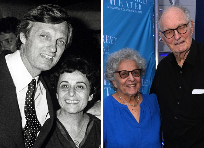 Pareja de celebridades con fotografías antiguas y recientes, mostrando amor duradero y relaciones exitosas en la industria del entretenimiento.