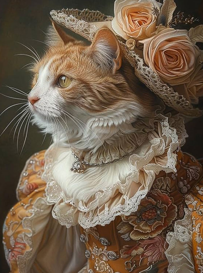 Gato vestido con traje antiguo y flores, imagen creativa para regalos White Elephant perfectos y originales.