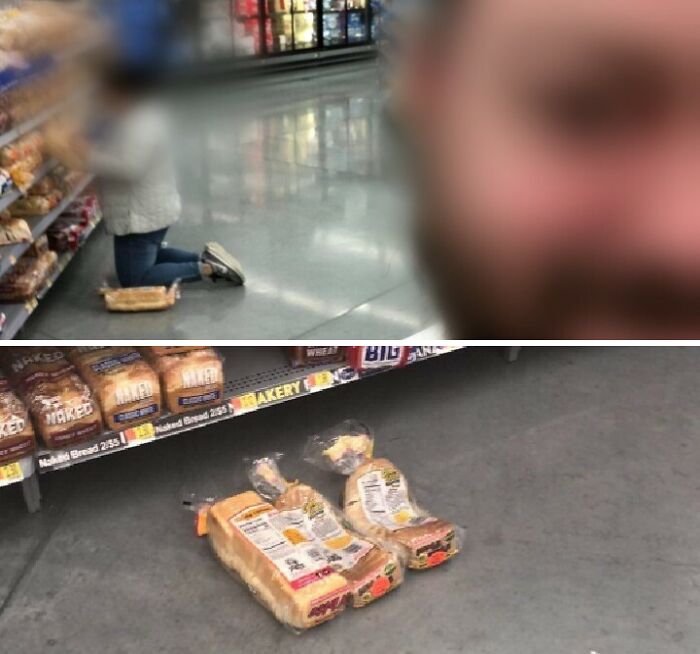 Persona tomando foto con bolsas de pan caídas en el piso en Walmart, capturando momento curioso para SEO Walmart.