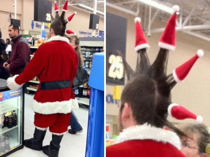 Hombre disfrazado de Santa Claus en Walmart con peinado de picos decorados con gorros navideños únicos.