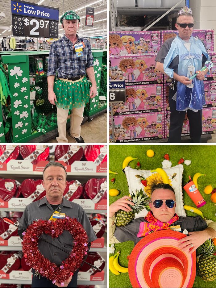 Hombres en Walmart con disfraces y accesorios curiosos y divertidos que sorprenden a los clientes en la tienda.