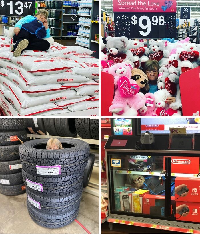 Persona divertida en Walmart en situaciones inesperadas entre bolsas, peluches, llantas y vitrinas de productos.
