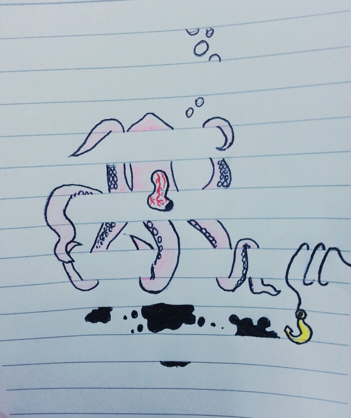 Dibujo infantil divertido de un pulpo con fondo de cuaderno, presentado orgullosamente como arte.