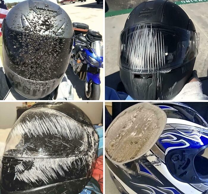 Casco de motocicleta con daños y marcas visibles tras varios accidentes, imagen para cosas interesantes descubiertas.