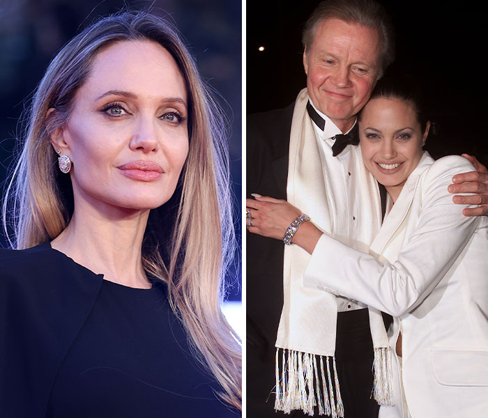 Angelina Jolie en evento público y en foto antigua abrazando a su padre, ejemplo de hijos famosos que cortan relación con padres célebres.