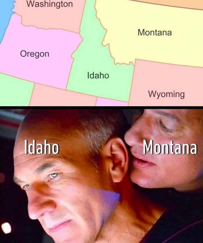 Mapa de estados con meme absurdo que representa a Idaho y Montana en una escena de arte de performance humorístico.