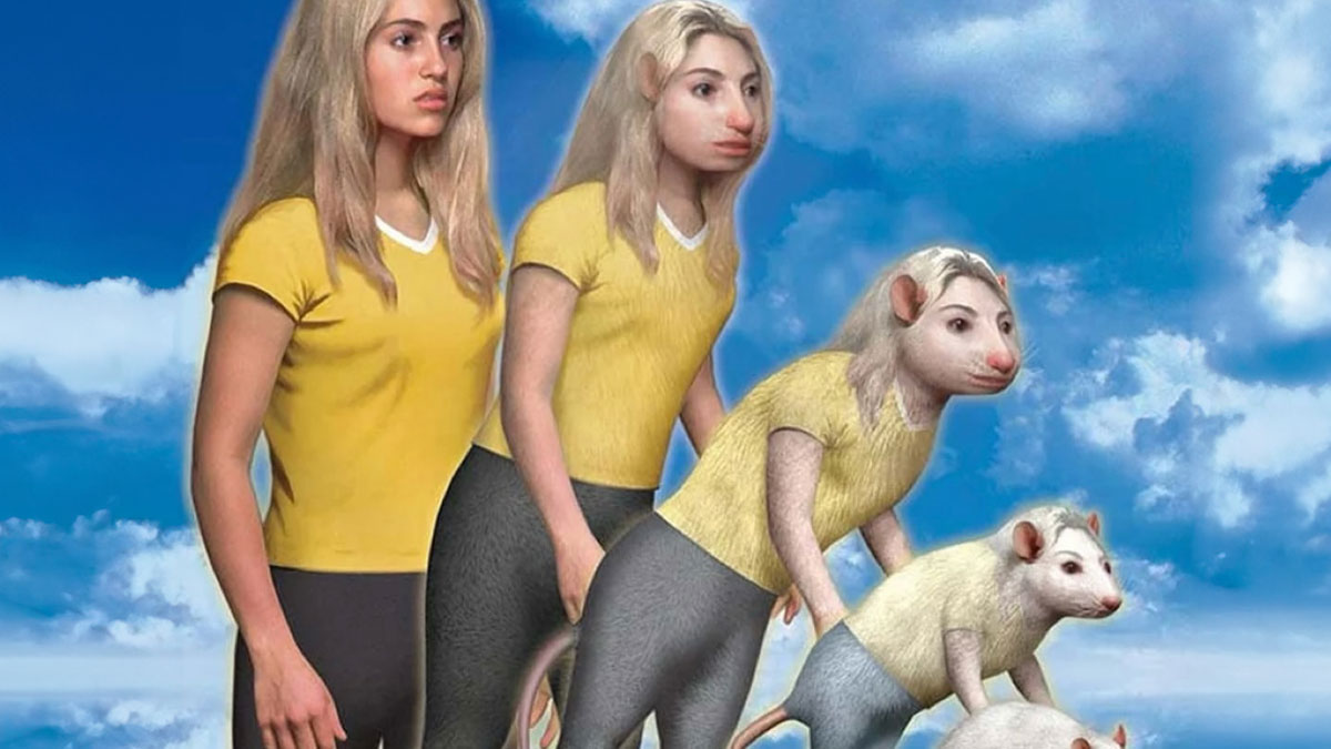 Mujer en transformaciu00f3n absurda en meme estilo arte de performance con fondo de cielo azul y nubes blancas.