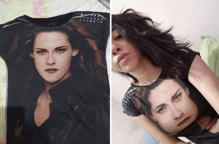 Camiseta con imagen grande que crea ilusión óptica divertida al combinarse con el rostro de la persona que la lleva puesta.