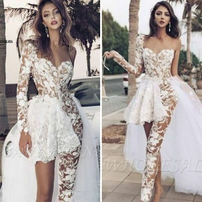 Mujer con vestido de novia moderno de encaje floral, combinación de falda corta y pantalón transparente blanco.
