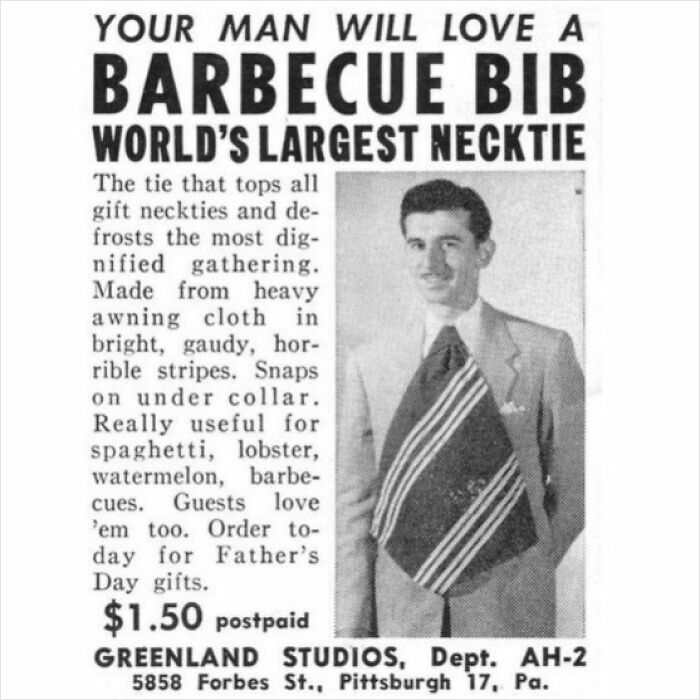 Anuncio vintage de un babero para barbacoa, uno de los productos antiguos fascinantes que ahora parecen extraños.