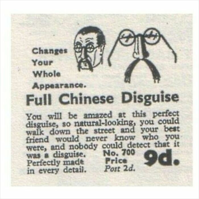 Anuncio vintage de productos fascinantes con disfraz completo chino que cambia tu apariencia por completo.