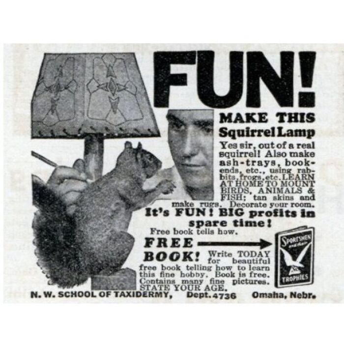 Anuncio vintage de productos sorprendentes con una lámpara de ardilla y manualidades retro para aficionados.