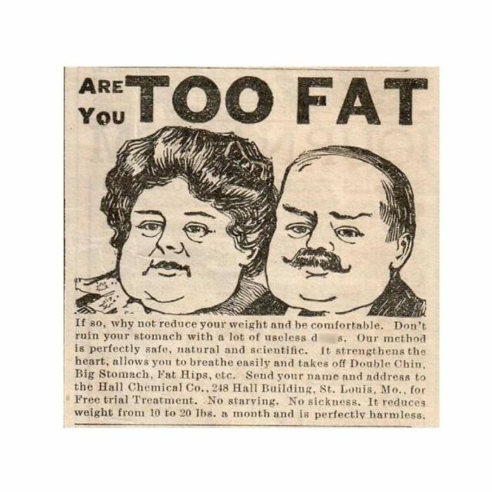 Publicidad vintage de producto para adelgazar con ilustración de pareja y texto en inglés, ejemplo de productos vintage curiosos.