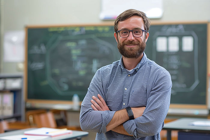 Hombre con gafas y barba en aula, mostrando una expresión confiada relacionada con exhibiciones inquietantes de inteligencia.