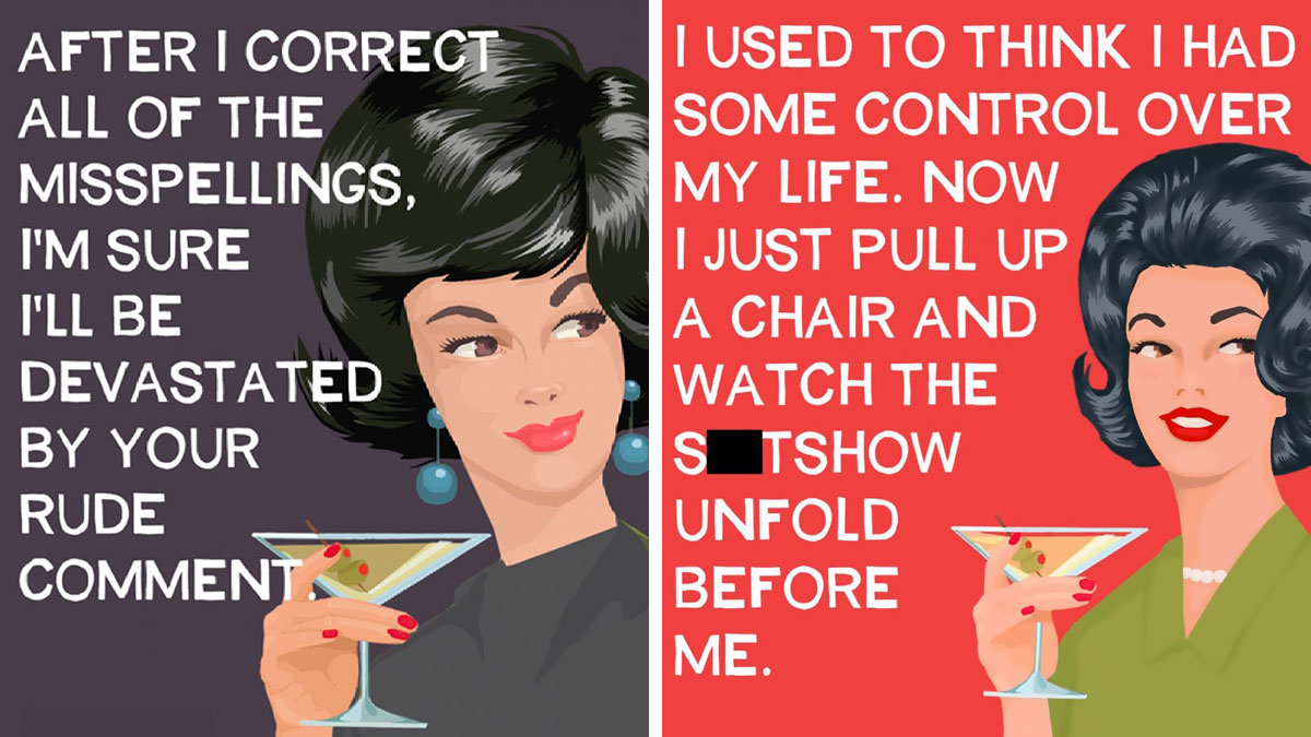 Mujeres estilo vintage con humor negro en tarjetas Bluntcards, textos sarcu00e1sticos sobre la vida y comentarios rudos.