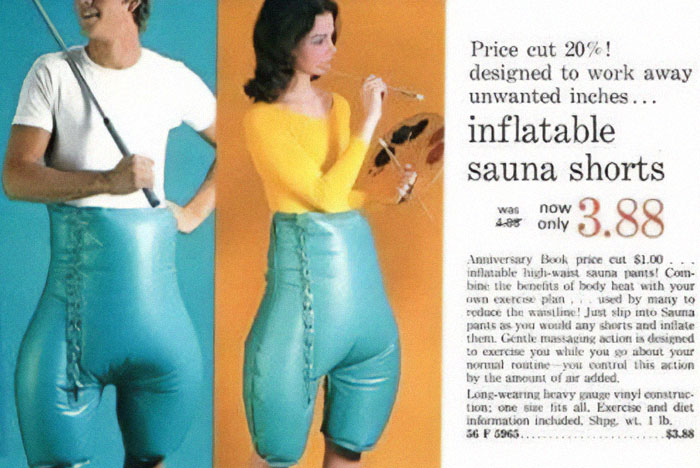 Pantalones de sauna inflables vintage, producto fascinante y curioso de moda en el pasado pero extraño hoy en día.