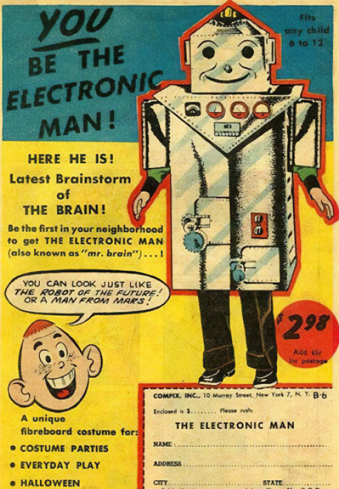 Disfraz vintage de hombre electrónico, producto fascinante de la época que ahora luce extraño y anticuado.